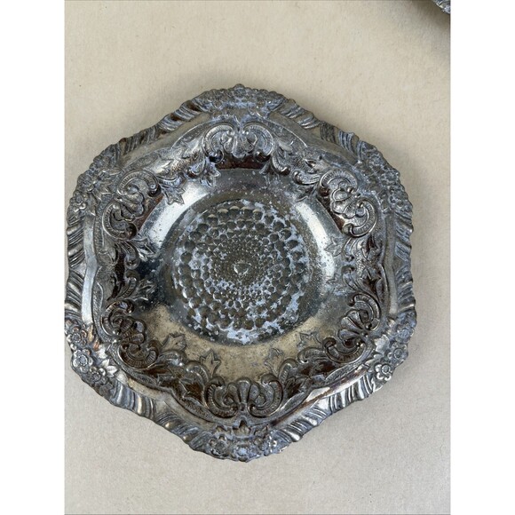 3 VTG Ornate Embossed Metal Trinket Dish 4.5” Floral Scroll Baroque Jewelry Tray - Picture 3 of 11